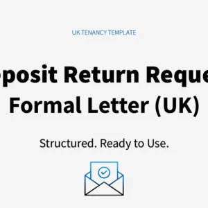 Preview of a UK deposit return request letter template with structured formal wording and MyFormalVoice branding.