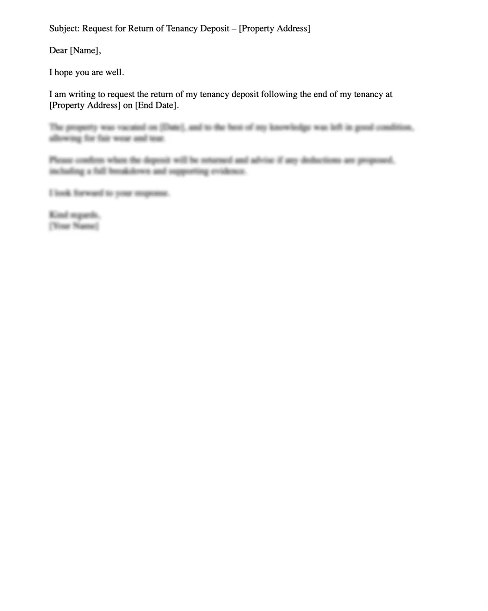 Screenshot of a structured UK email version for a Deposit Return request.