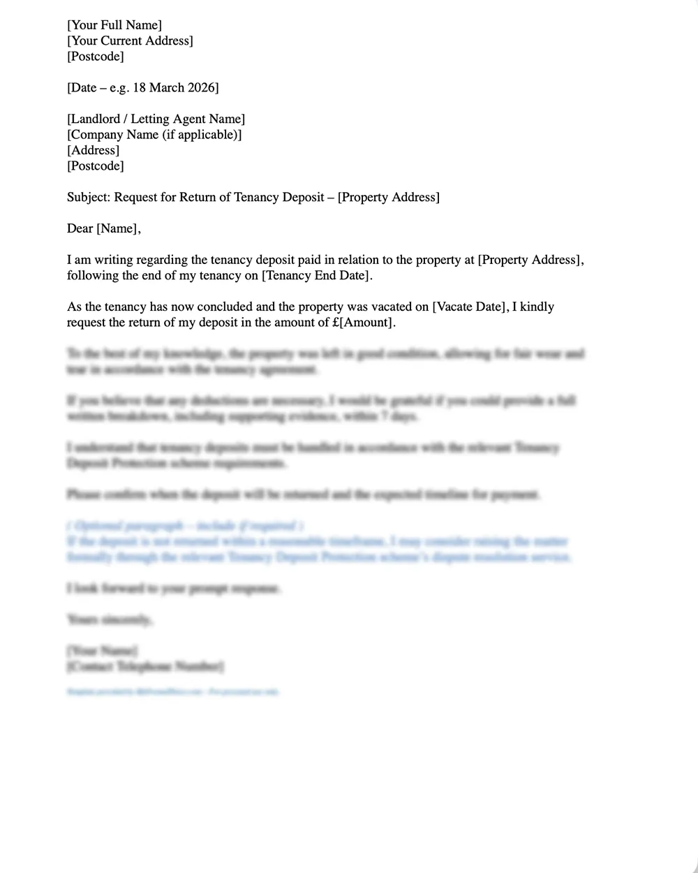 Screenshot of a formal UK Deposit Return Request letter addressed to a landlord.